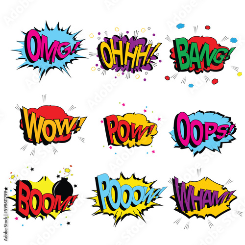 Comic collection colored sound effects words pop art vector style. Set comic bubble speech word comic cartoon expression illustration. Lettering phrase.