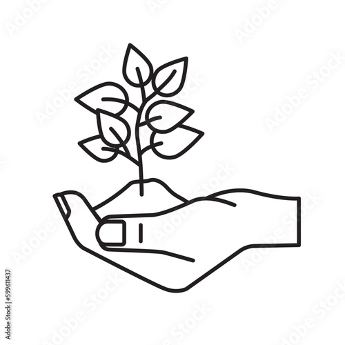 Hand holding tree seedling vector line icon for World Environment Day on June 5