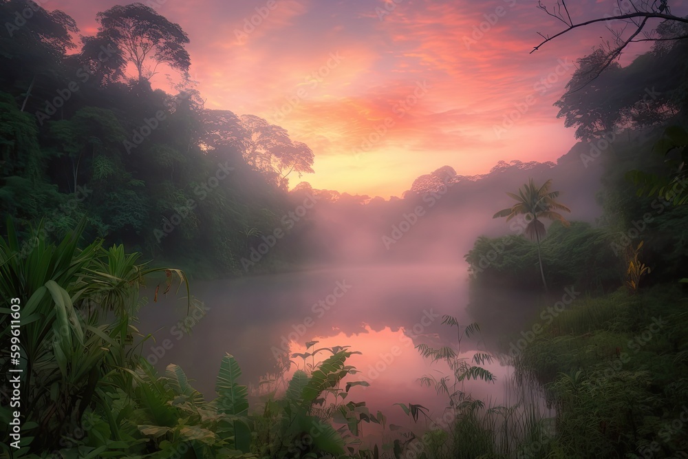 Obraz premium gorgeous jungle sunrise, with soft pastel colors and the promise of a new day, created with generative ai