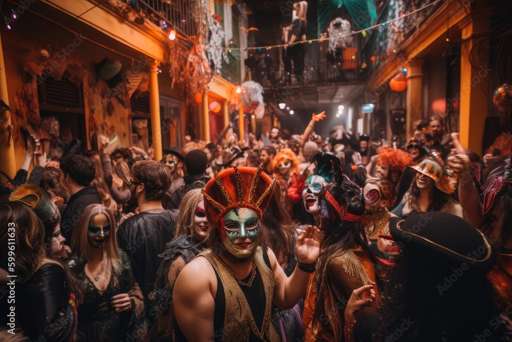 mardi gras party, with guests wearing masks and dancing to live music, created with generative ai