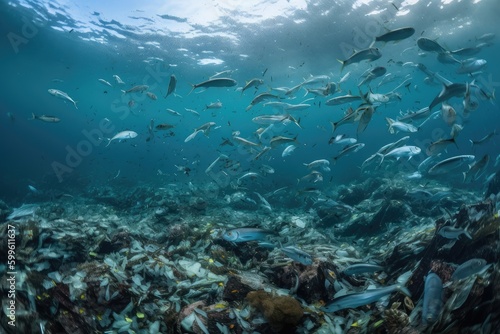 microplastic pollution in the ocean, with fish swimming among plastic debris, created with generative ai