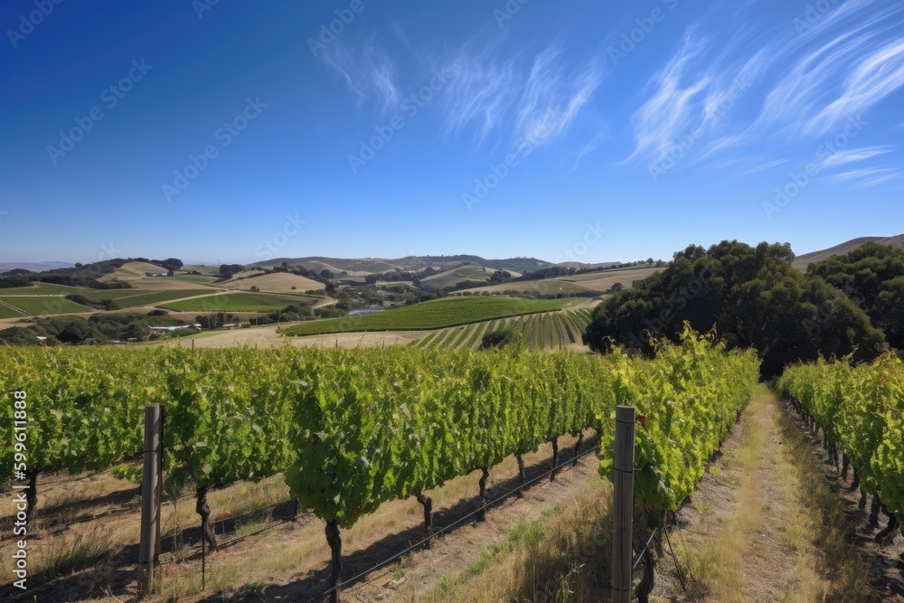 Fototapeta premium vineyard with rolling hills and a clear blue sky, created with generative ai