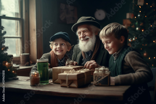 Grandfather sitting this his grandsons. Generative AI