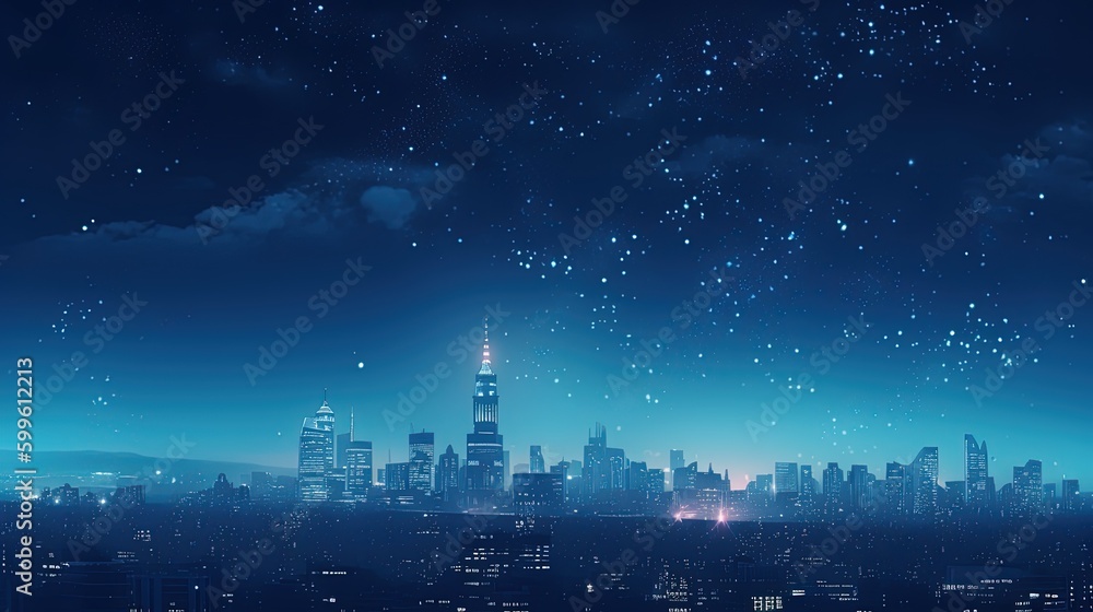 Backdrop image with the silhouette of cityscape and stars in the sky in blue colors. Generative AI