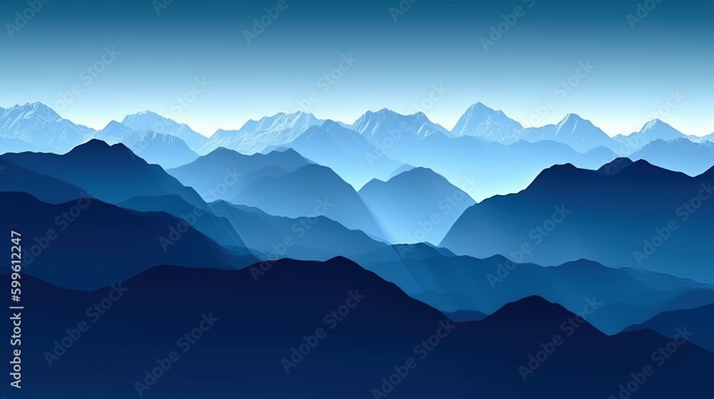 Blue mountains landscape. Morning panorama of mountains silhouettes. Generative AI