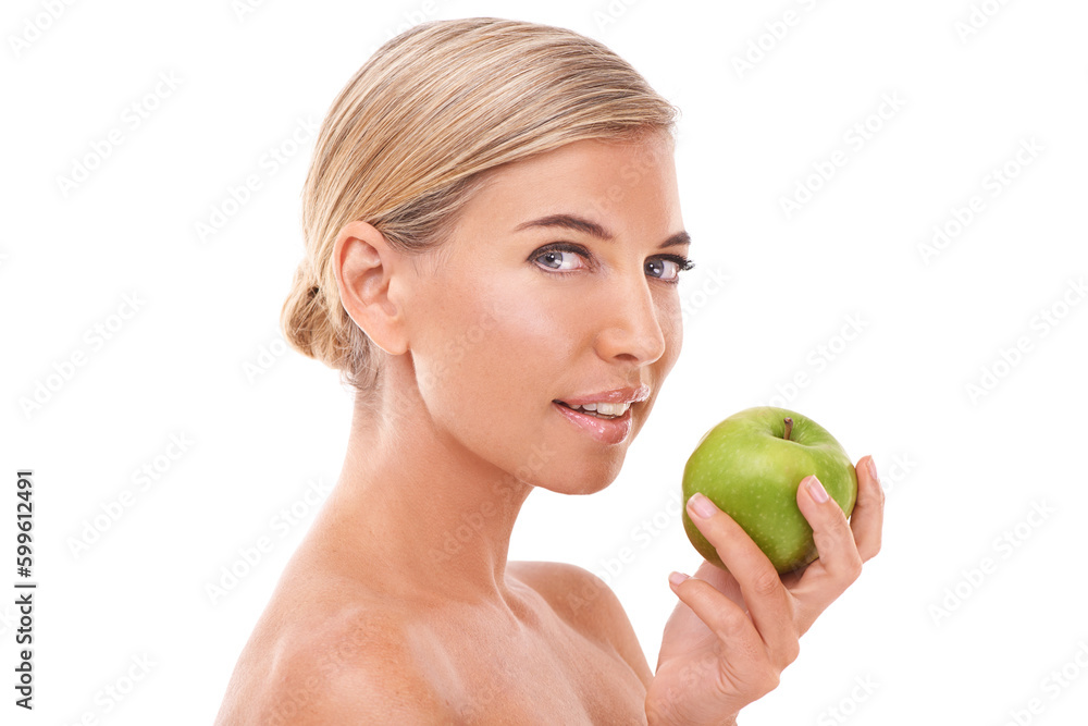 Apple, health and nutrition portrait of woman with fruit for weight loss, diet or body detox for wellness. Female model, green and nutritionist vegan food on a isolated and transparent png background Apple, health and nutrition portrait of woman with fruit for weight loss, diet or body detox for wellness. Female model, green and nutritionist vegan food on a isolated and transparent png background