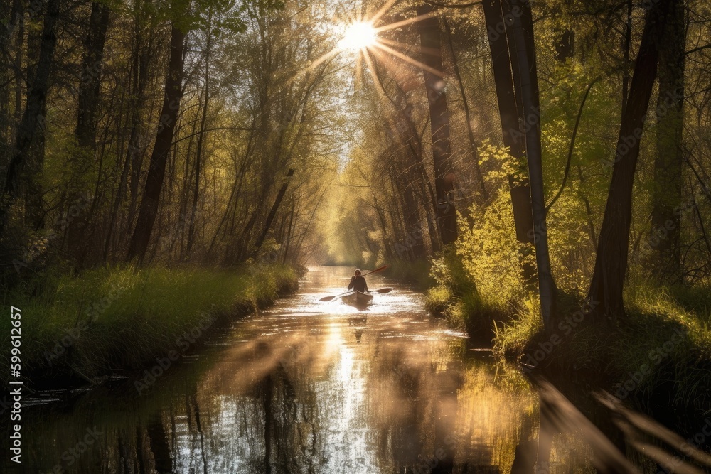 Fototapeta premium canoeist paddling through serene forest, with the sun shining through the trees, created with generative ai