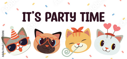 Illustration cat for party. Character design banner happy party cat in flat vector style