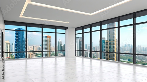Blank wall with copy space in modern office interior  large window with city view  generative ai
