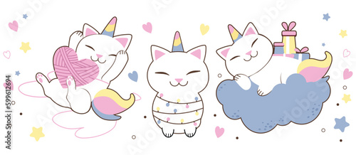 Cute Unicorn cat with heart and star. Happy Kitten Meow, Kawaii cat unicorn animal. Perfect for baby shower girl, Birthday party decoration pattern, nursery wall.