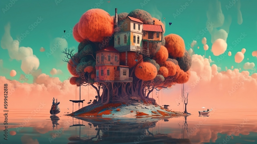 不思議な世界:シュールな風景、家、空と鮮やかな色彩 Stock-Illustration | Adobe Stock