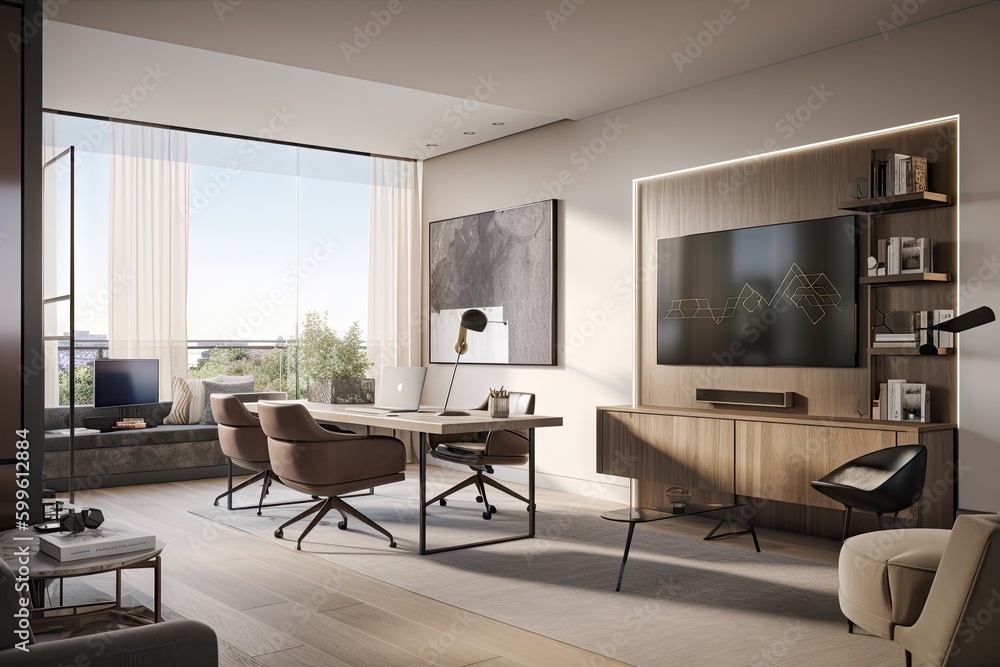 Fototapeta premium a living room with sleek videoconferencing equipment, a desk for taking notes, and wall-mounted monitors to share the view, created with generative ai