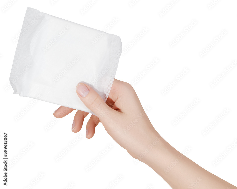 Female hand holding a sanitary pad for menstruation. Concept: female's hygienic product for period's day. Woman healthcare. Monthly intimate hygiene. Female hand holding a sanitary pad for menstruation. Concept: female's hygienic product for period's day. Woman healthcare. Monthly intimate hygiene.