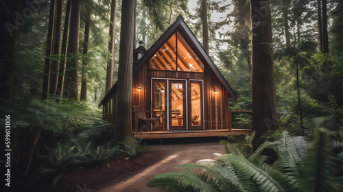 This stunning stock photo captures the essence of the tiny house movement  with a charming wooden cabin nestled among tall trees in a serene forest setting.