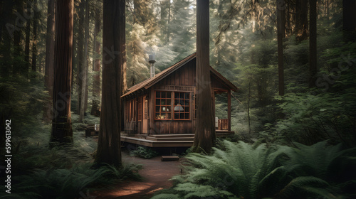 Tiny-House with a charming wooden hut among tall trees in a quiet forest environment photo