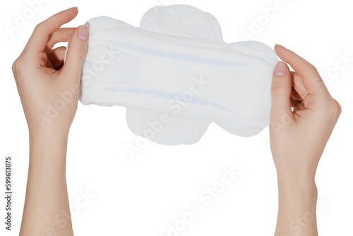 Woman holding white sanitary pad on transparent background.