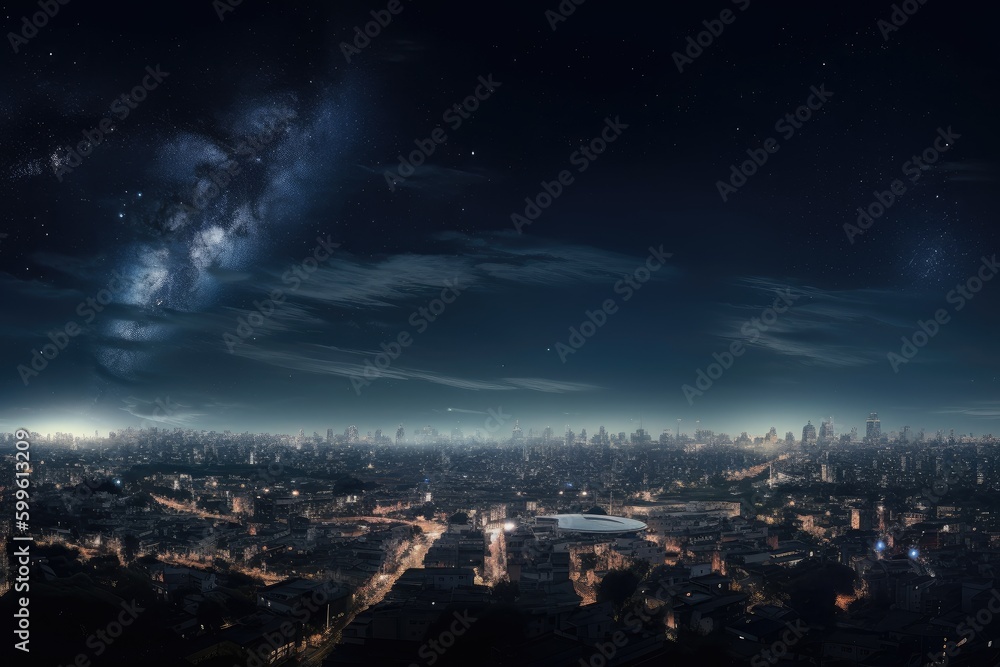 cityscape, with view of distant nebula in the background, created with generative ai