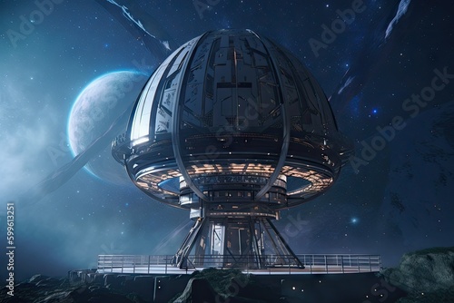 futuristic observatory, with planet and stars in the background, for immersive experience of space, created with generative ai