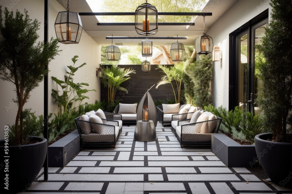 modern patio with sleek seating and geometric lanterns, created with generative ai modern patio with sleek seating and geometric lanterns, created with generative ai