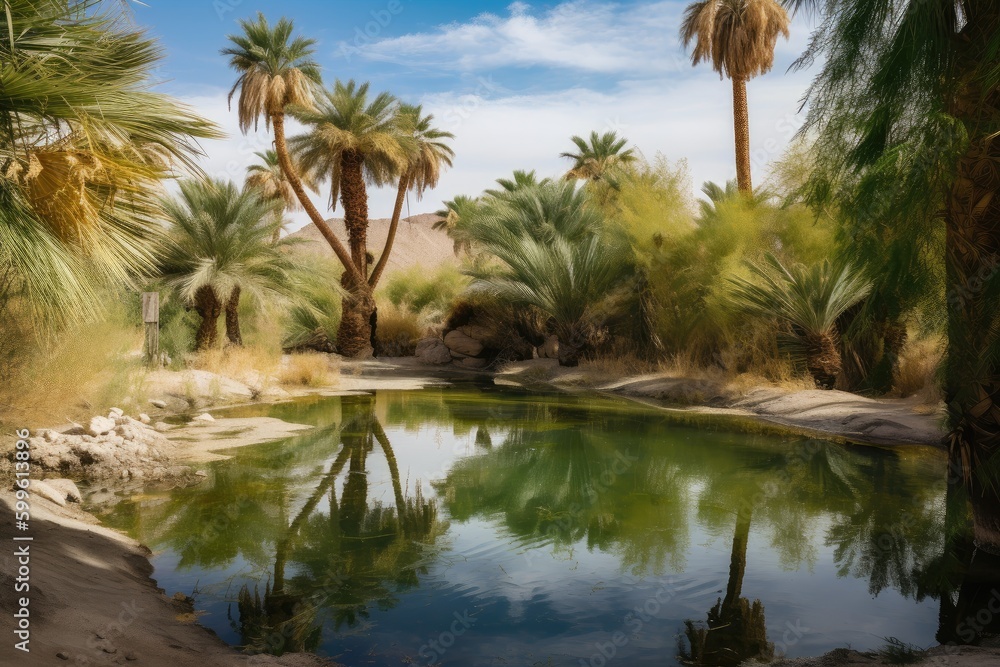 oasis in the dessert, with palm trees and clear water springs, created with generative ai