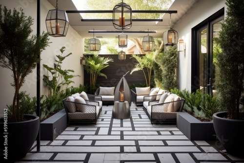 modern patio with sleek seating and geometric lanterns, created with generative ai