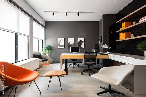 office with sleek and modern furniture, pops of color, and clean lines for a productive workspace, created with generative ai © Alfazet Chronicles