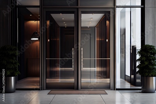 modern hotel entrance with glass and metal doors  minimalist design  created with generative ai