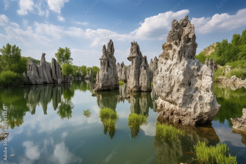 natural rock formations towering over a tranquil lake, created with generative ai natural rock formations towering over a tranquil lake, created with generative ai