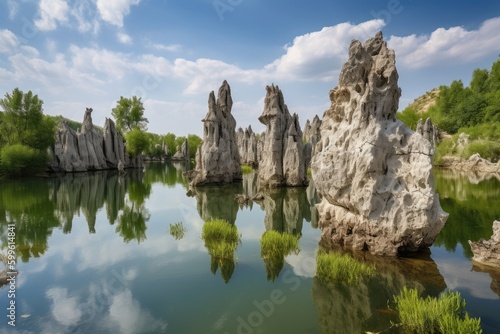 natural rock formations towering over a tranquil lake, created with generative ai