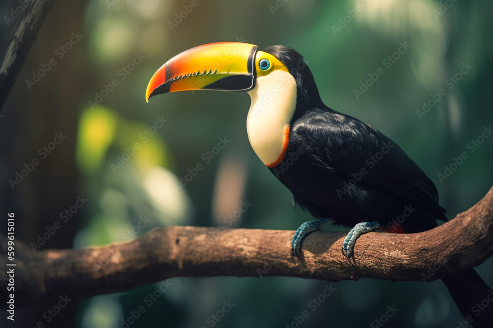 Fototapeta premium Exotic toucan bird sits on a tree branch in the rainforest jungle. Tropical toucan bird in natural wildlife environment. Generative AI