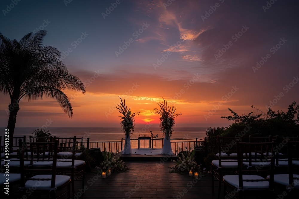 Obraz premium ceremony setup with view of the sunset, creating a romantic and memorable setting, created with generative ai
