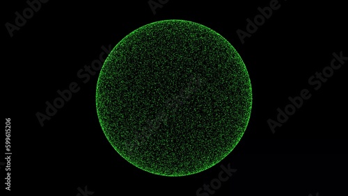 3D green sphere on black background. Object consisting of flickering particles. Science tutorial concept. Abstract backdrop for logo, title, presentation. 3D animation