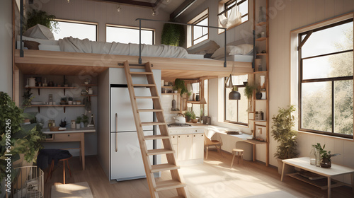 This breathtaking stock photo showcases the cozy interior of a tiny house, complete with a cozy loft bed, a stylish kitchenette, and panoramic windows that let in plenty of natural light.