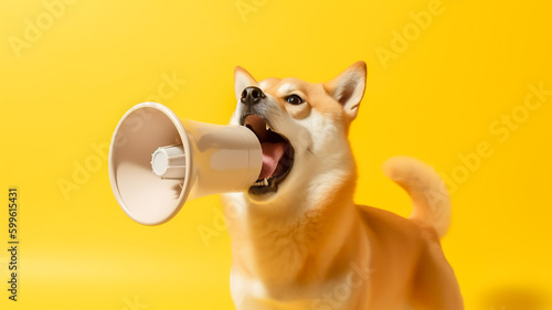 Funny cute dog, Shiba holds a yellow loudspeaker in its shouting and announcing on soft blue studio background, Generative ai.