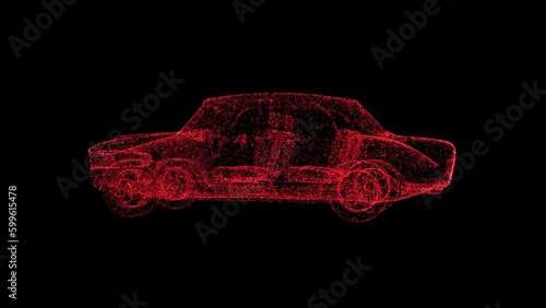 3D red car on black background. Object consisting of flickering particles. Science tutorial concept. Abstract backdrop for logo  title  presentation. 3D animation