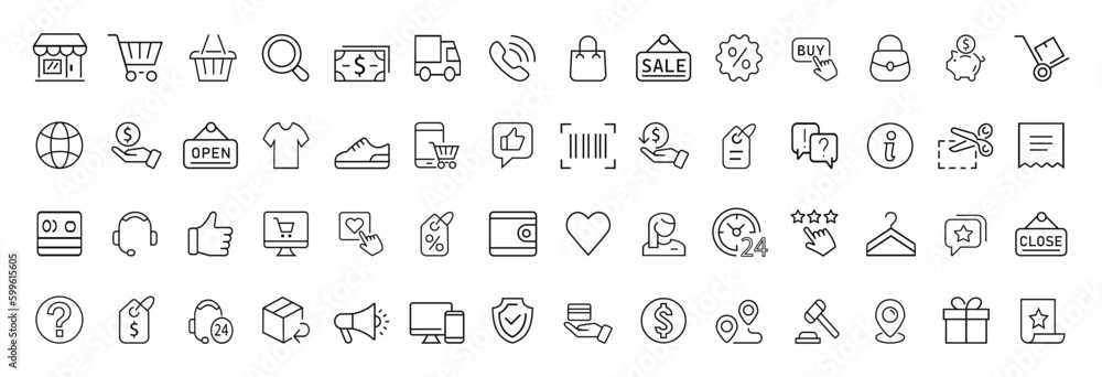 Shopping icon. Shopping icons set. E-commerce icon collection. Online shopping thin line icons. Sign and symbol. Vector illustration.