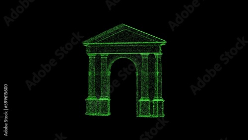 3D green ancient antique arch black background. Object consisting of flickering particles. Science historic concept. Abstract backdrop for title, presentation. 3D animation.