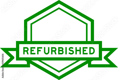 Vintage green color hexagon label banner with word refurbished on white background