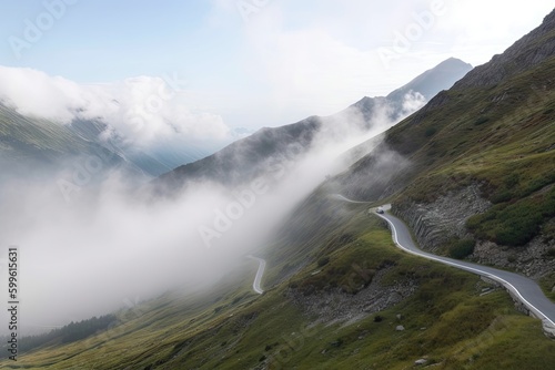 dramatic mountain landscape, with misty clouds and blue sky above, viewed from a winding road, created with generative ai