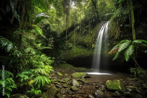 majestic waterfall cascading into a lush rainforest  created with generative ai