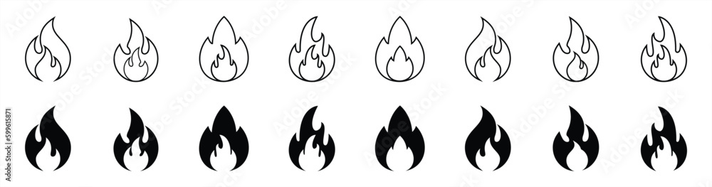 Fire icons set, flames, flame of various shapes, bonfire. Fire icon collection. Fire icon flat and line icon. Vector illustration. Fire icons set, flames, flame of various shapes, bonfire. Fire icon collection. Fire icon flat and line icon. Vector illustration.