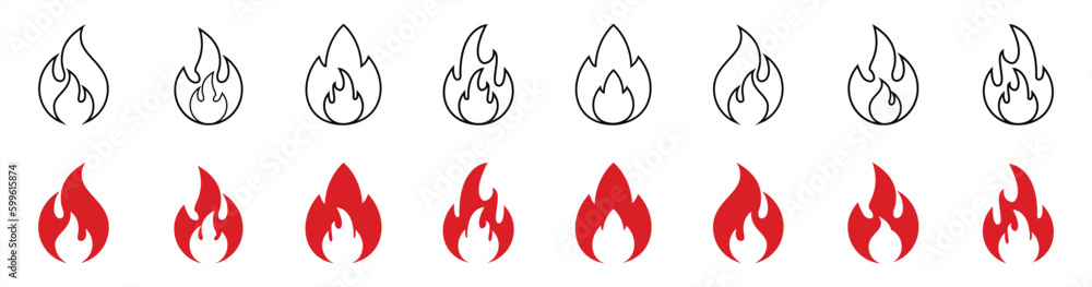 Fire icons set, flames, flame of various shapes, bonfire. Fire icon collection. Vector illustration. Fire icons set, flames, flame of various shapes, bonfire. Fire icon collection. Vector illustration.