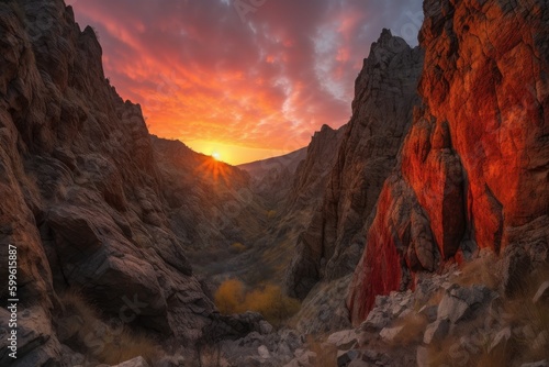 fiery sunset over jagged canyon walls, with the sun casting warm colors against the sky, created with generative ai