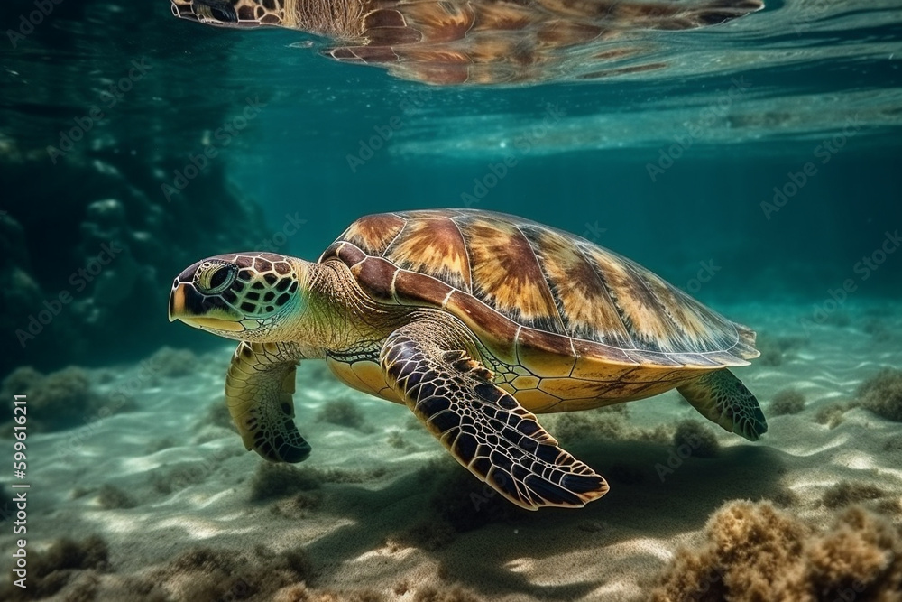 Sea turtle in crystal clear water. Generative AI
