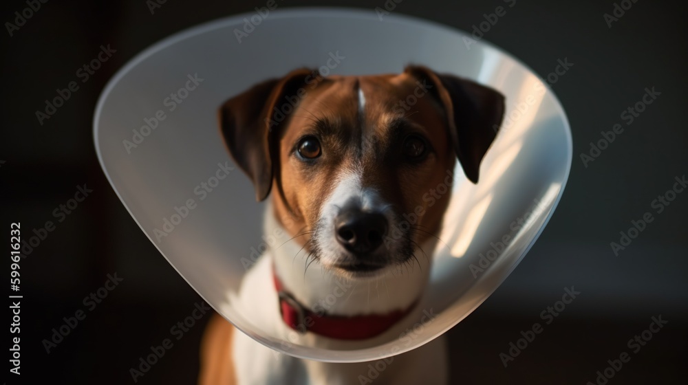 Portrait of cute Jack Russell Terrier dog wearing Elizabethan collar, protective plastic vet cone. Domestic animals health care banner with copy space. AI generative image.