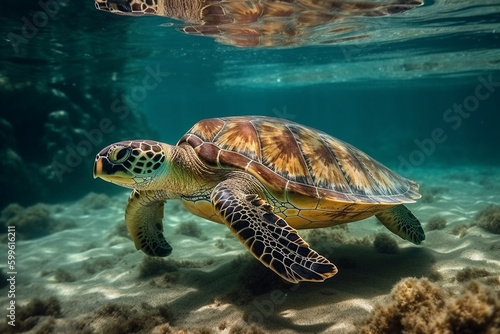 Sea turtle in crystal clear water. Generative AI © Алина Бузунова