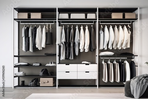 minimalist wardrobe, filled with black and white pieces, in modern and sleek bedroom, created with generative ai
