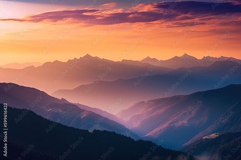 majestic mountain range, with distant peaks and clouds, in stunning sunrise or sunset, created with generative ai