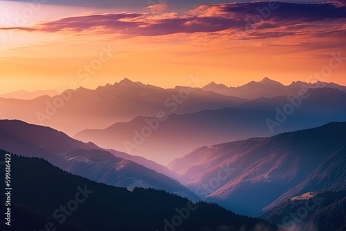 majestic mountain range  with distant peaks and clouds  in stunning sunrise or sunset  created with generative ai