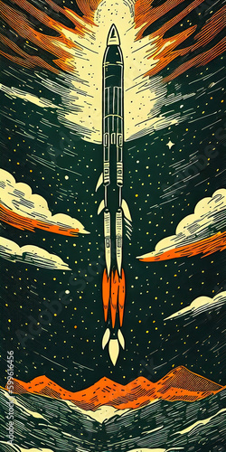 Lino cut drawing of a rocket flying to the moon cartoon colorful print illustration design 